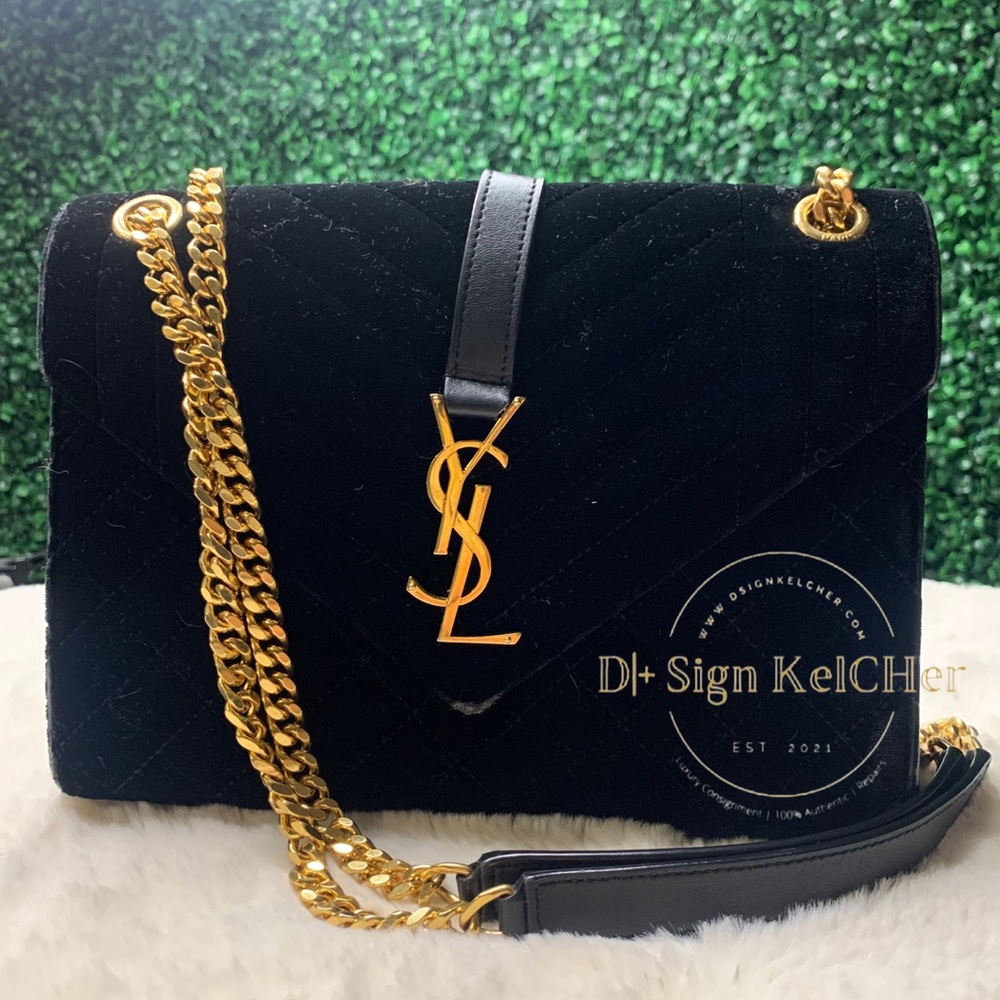Yves Saint Laurent Velvet Monogram Triquilt Envelope Bag in Black